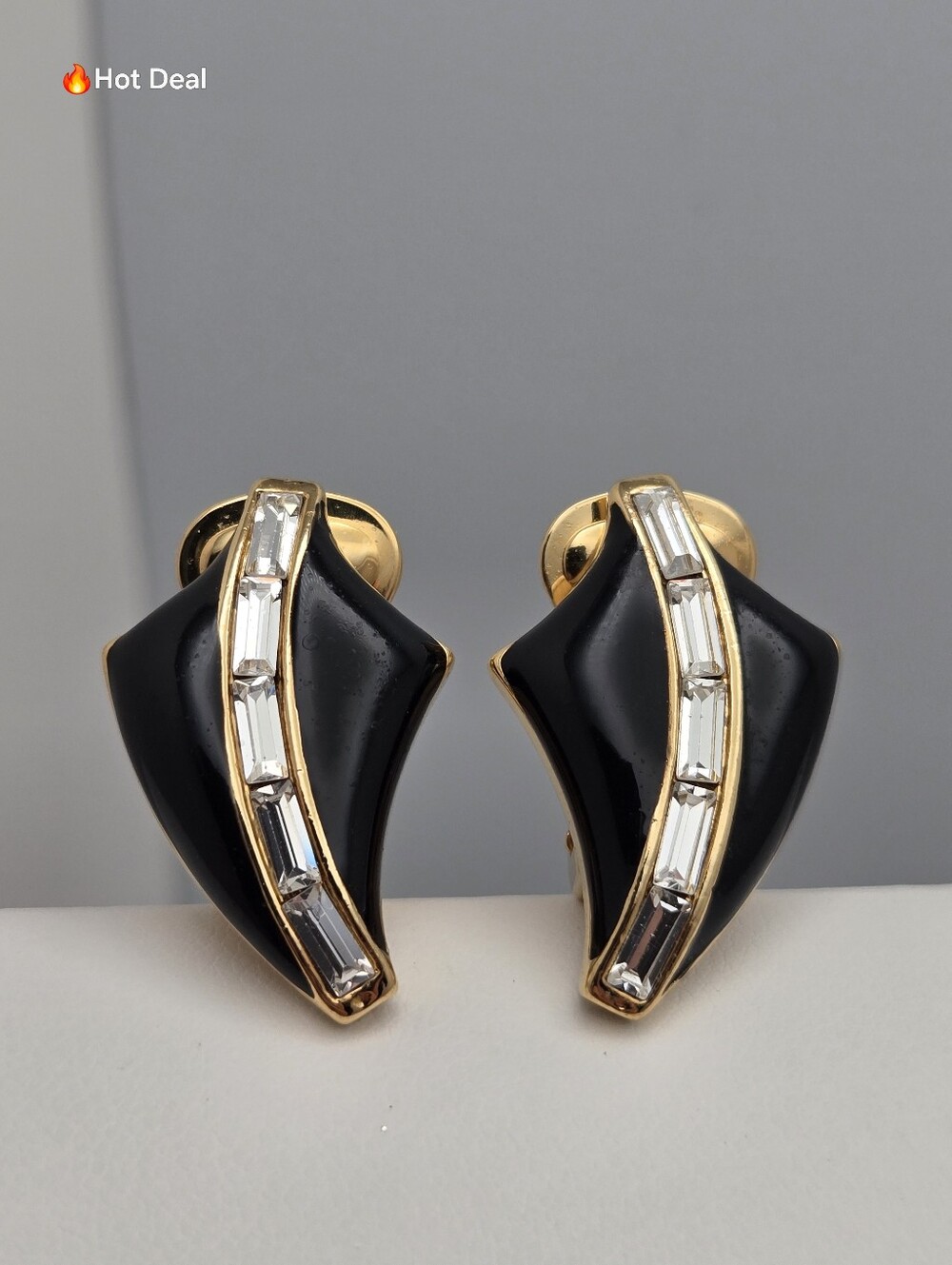 Vendome Gold Tone Black Enamel Baguette Rhinestone Clip-On Earrings 1" Vitage